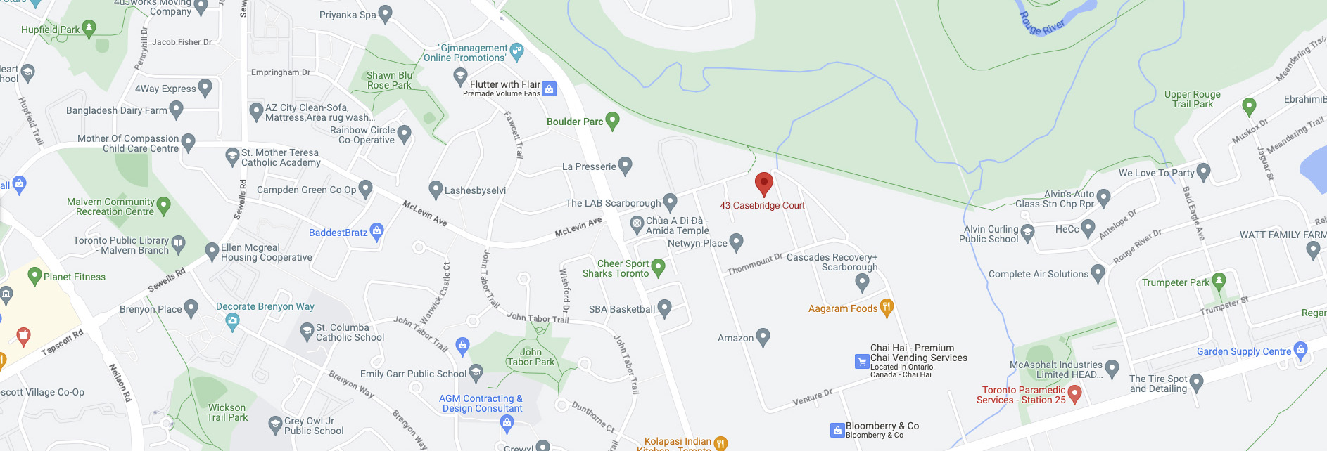 Google Map image showing new location of Exodus Graphics at 43 Casebridge Court, Scarborough
